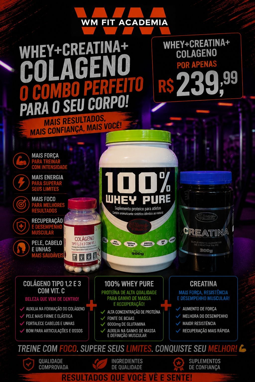 Promoção Whey+Creatina+Colágeno WM Fit Academia